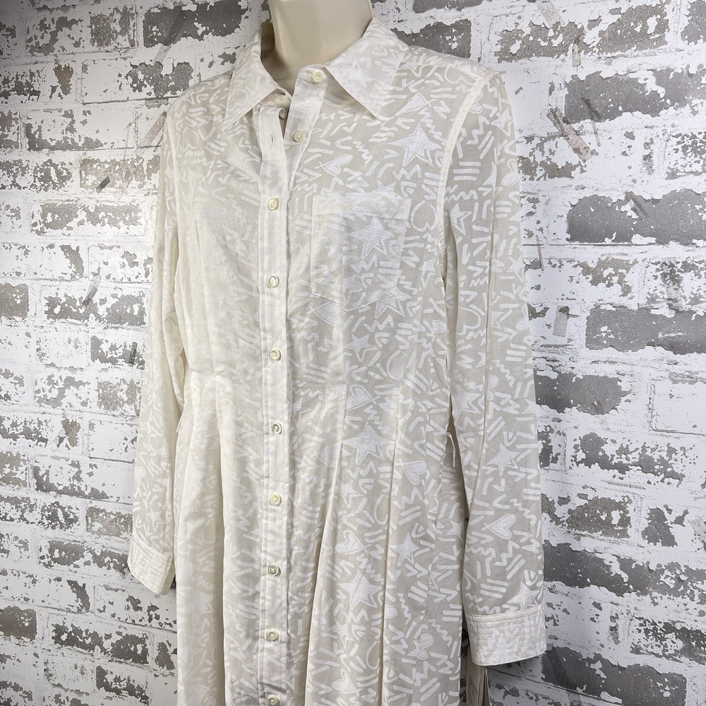 Pell & Co Ivory White Silk Cotton Shirt Dress Sz 10 Stars Hearts Squiggles NWT